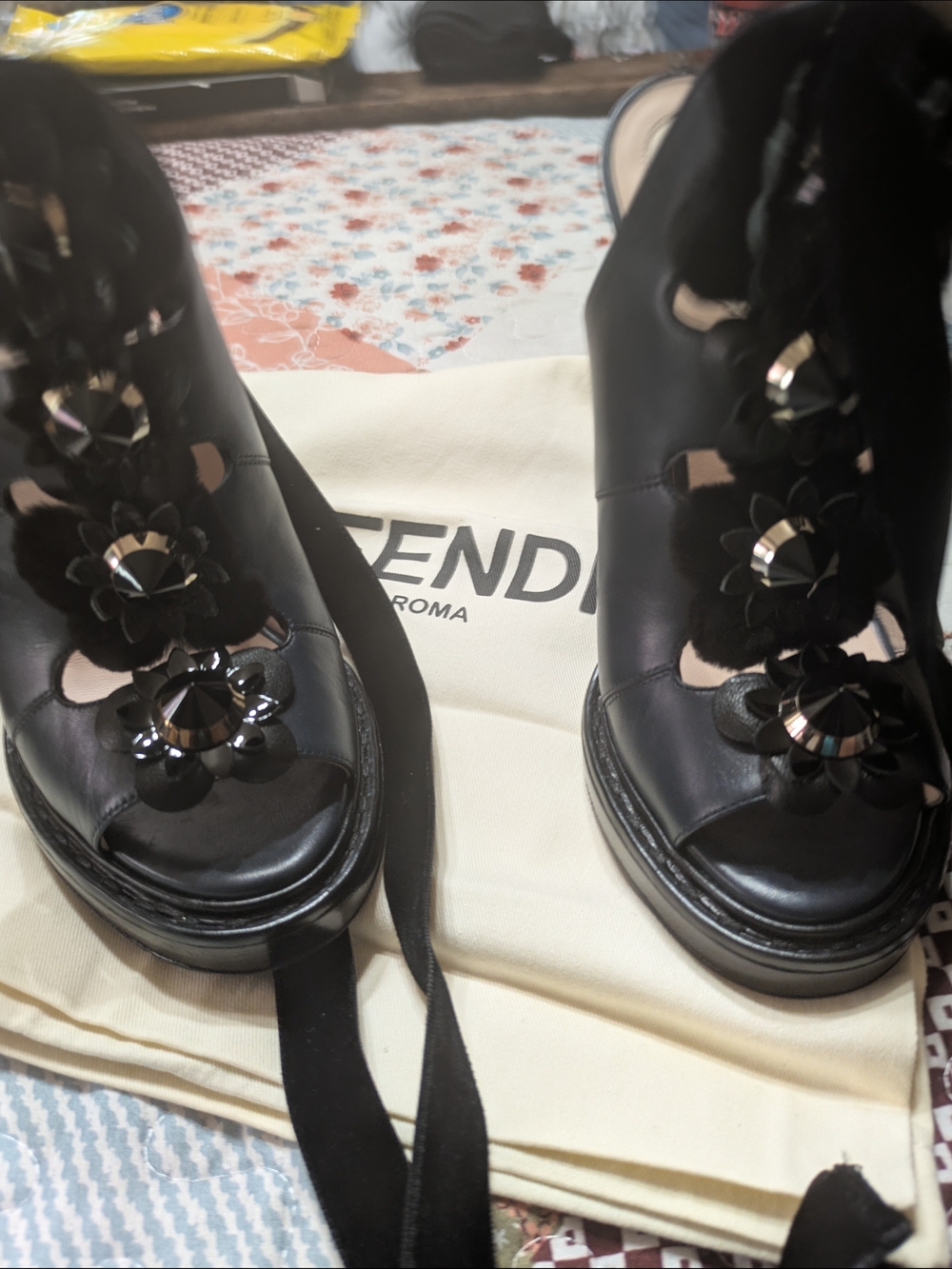 Fendi Black Floral Embellished Women’s Sandals
